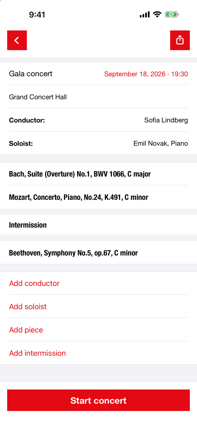 The program screen: pieces, intermission, conductor and soloists.