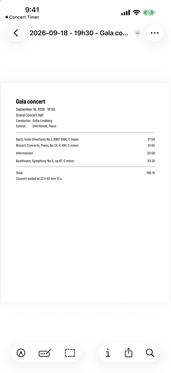 The exported PDF timing sheet, showing each piece with its duration and the concert total.