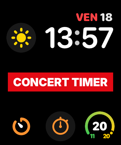 An Apple Watch face with the red Concert Timer band in the middle.